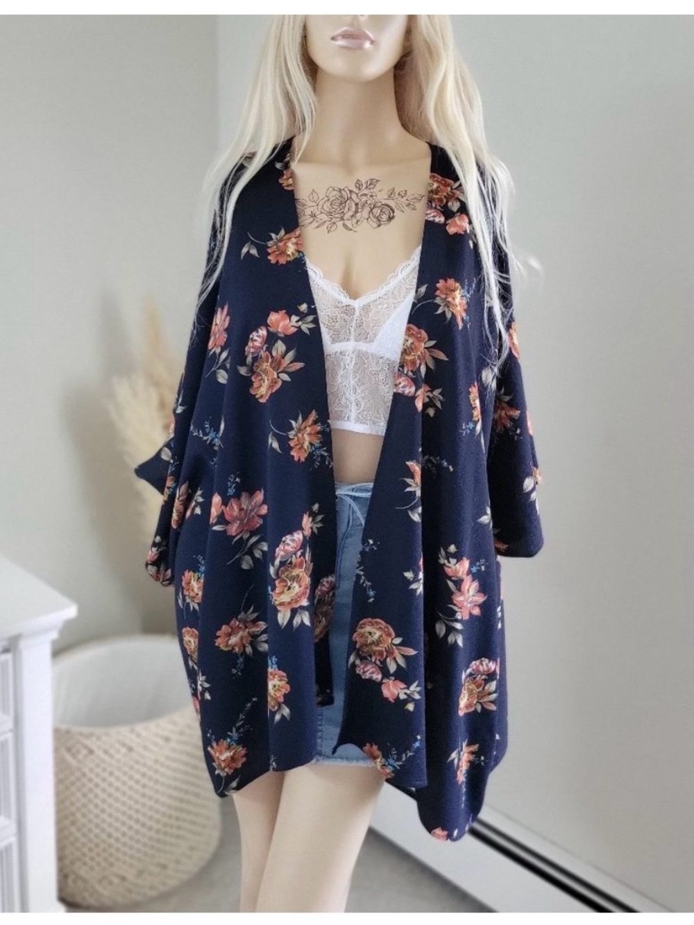 Floral Open-Front Navy Cardigan Kimono
